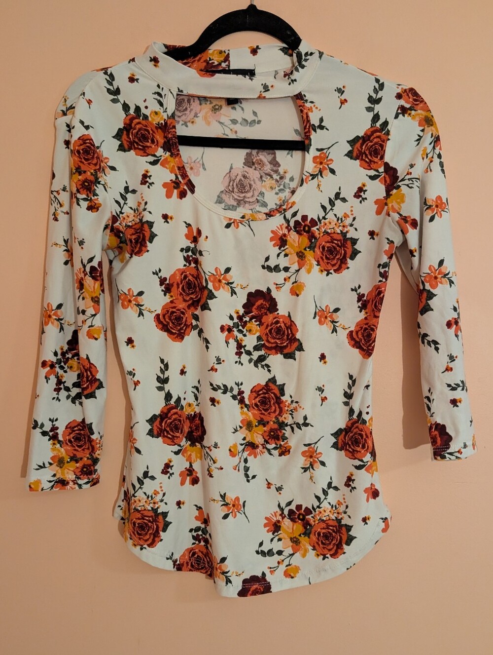 Derek Heart White Long Sleeve Top with Rust Rose and Yellow Floral Print